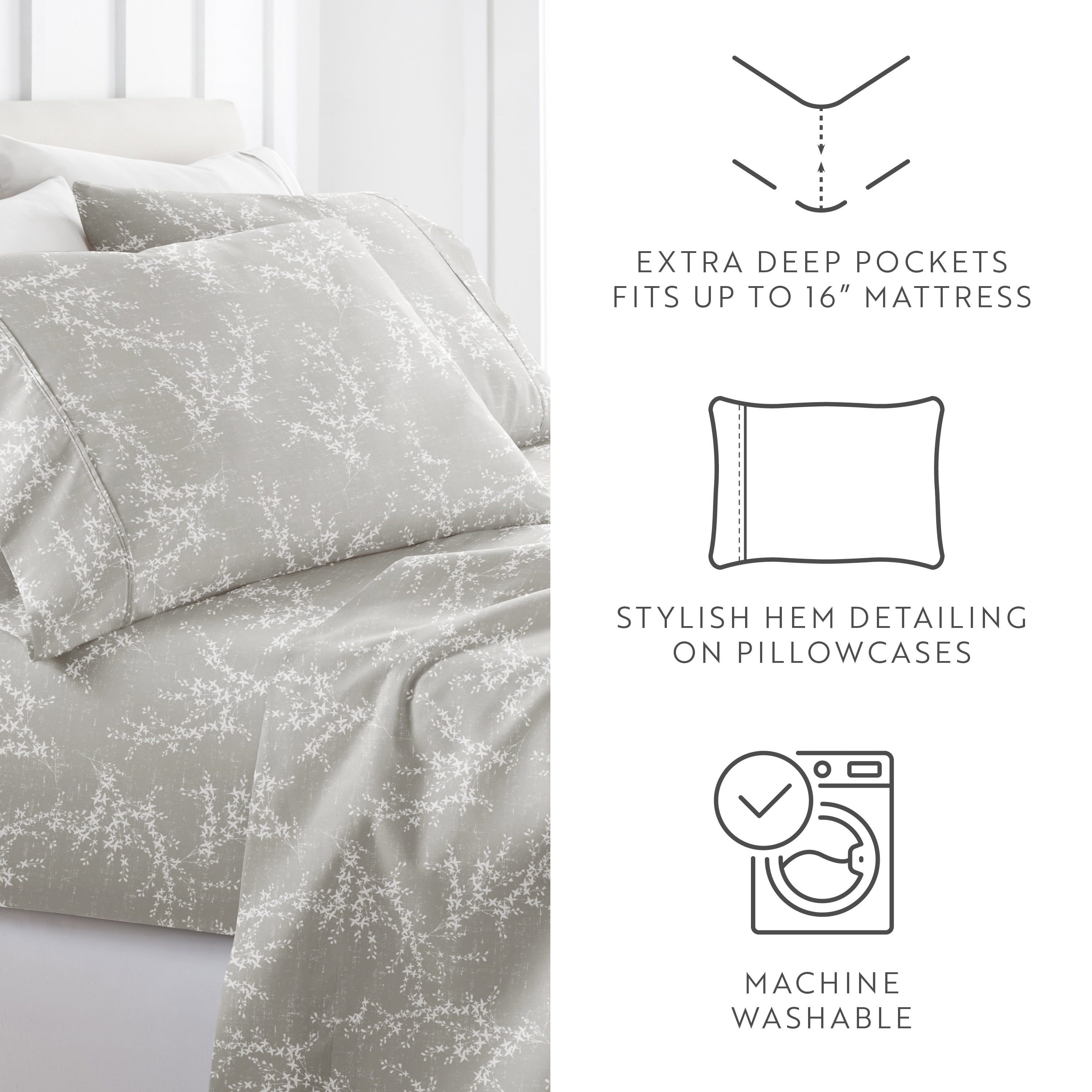 Noble Linens 4 Piece Pattern Microfiber Bed Sheets Set, Distressed Willow Light Gray, King