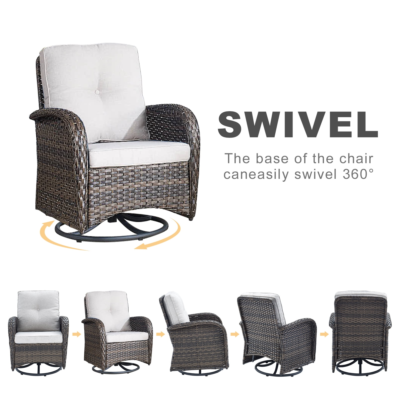 PARKWELL 3-Piece Outdoor Swivel Gliders with Thick Cushions and Side Table,Rattan Wicker Bistro Furniture Set,Brown Wicker,Beige Cushion