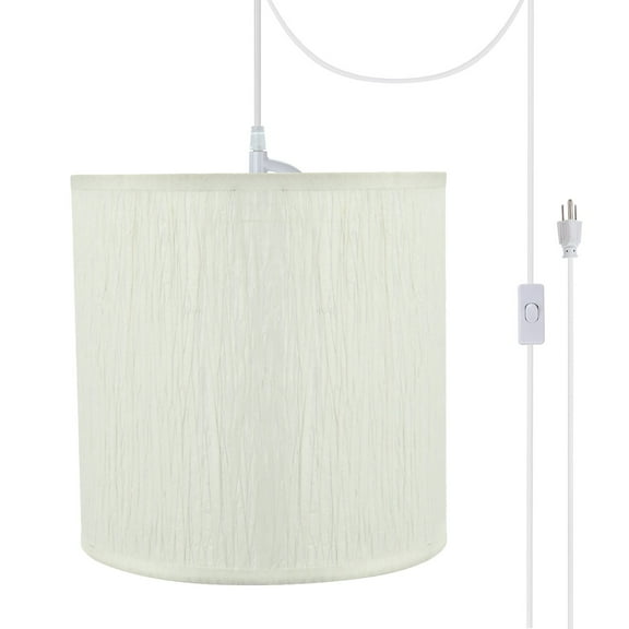 Aspen Creative 71222-21 One-Light Plug-In Swag Pendant Light Conversion Kit with Transitional Drum Fabric Lamp Shade, Off White, 8" width