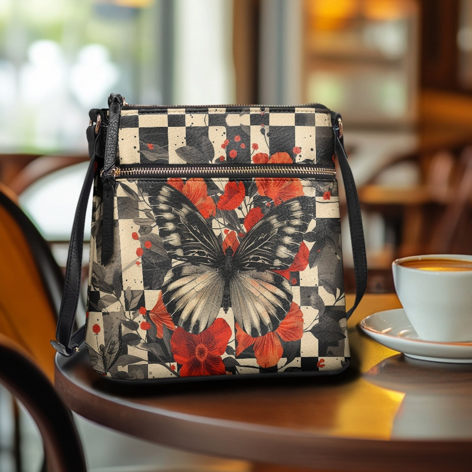 LedBack Butterfly Chckered Print Leather Crossbody Purse for Women Satchel Handbag Purse with Zipper Pocket, Portable Shoulder Bag Messenger Bag with Adjustable Strap, Black