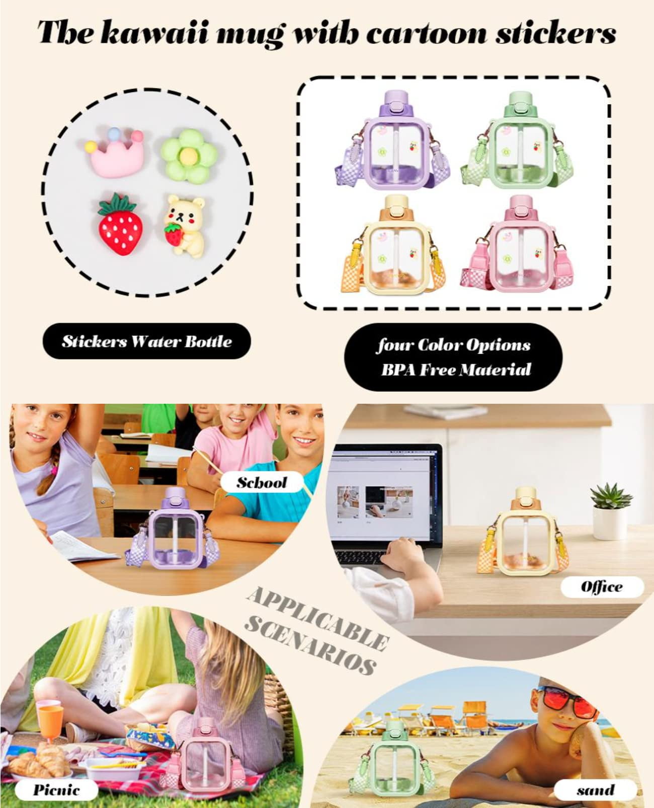 24 Oz Cute Clear Water Bottle Cold Chil Icel with Straw Portable Kawaii Transparent Bottles with Adjustable Strap for School Travel Camping Sports Travel (B-Green)