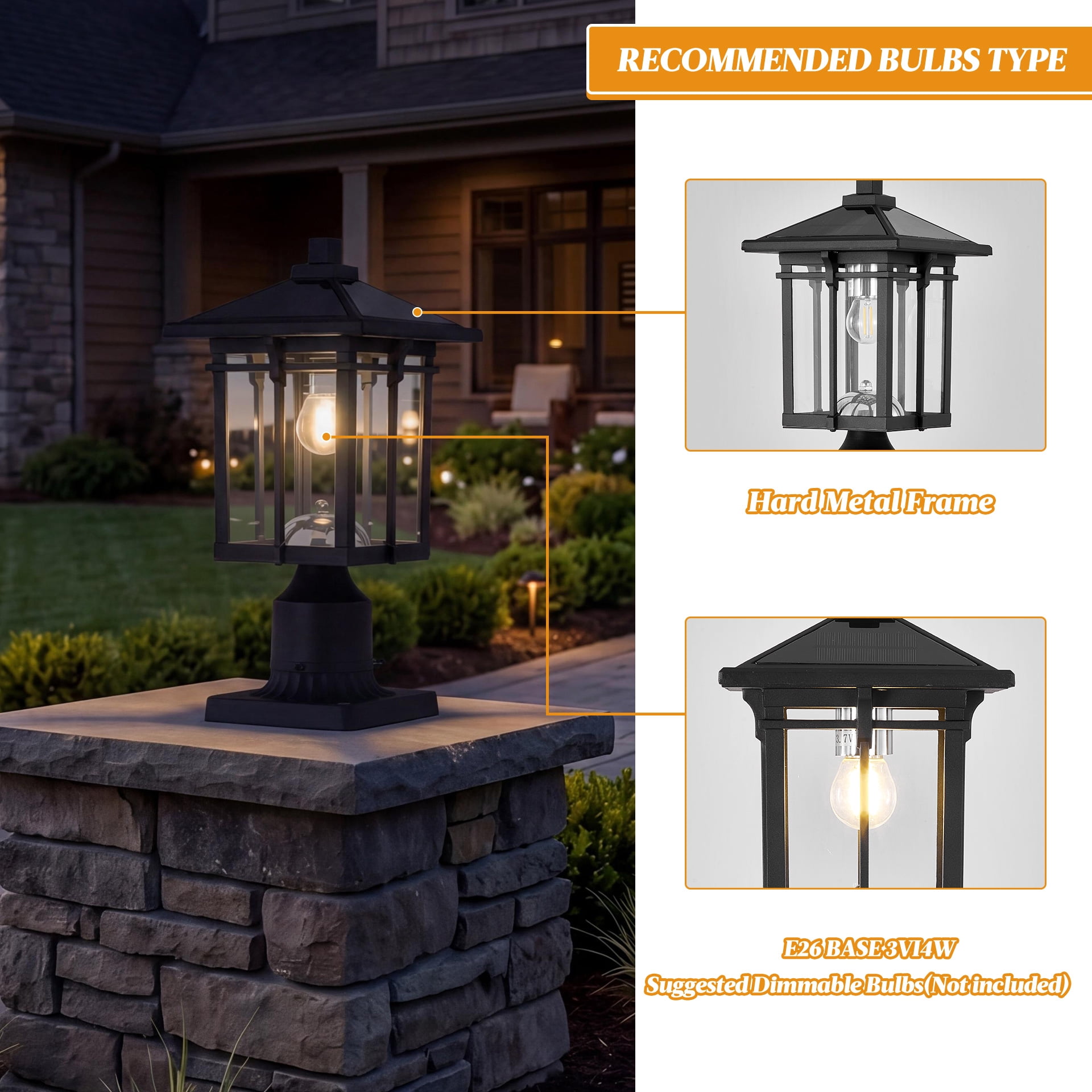 Solar Powered Post Light with Dusk to Dawn Sensor and Pier Mount Base, Outdoor Lamp for Garden and Pathway, Black