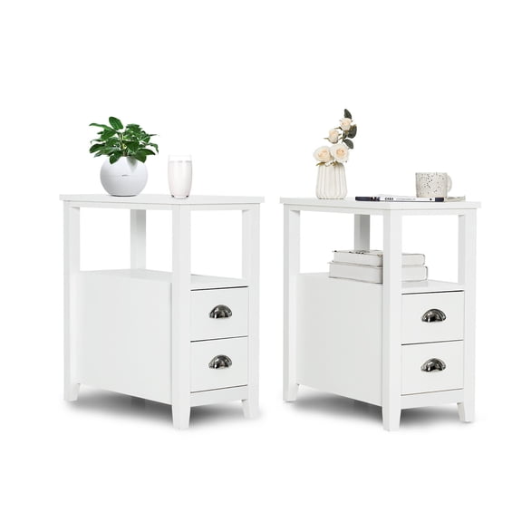 Gymax 2PCS Side End Sofa Table Nightstand w/ 2 Drawers for Living Room Bedroom White