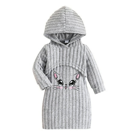 

Girl s Clothes Outfits Casual Baby Toddler Kids Sets Spring And Autumn Long Sleeve Ribbed Hooded Coat And Print Dress Comfortable Outerwear Suits Grey 18-24 Months