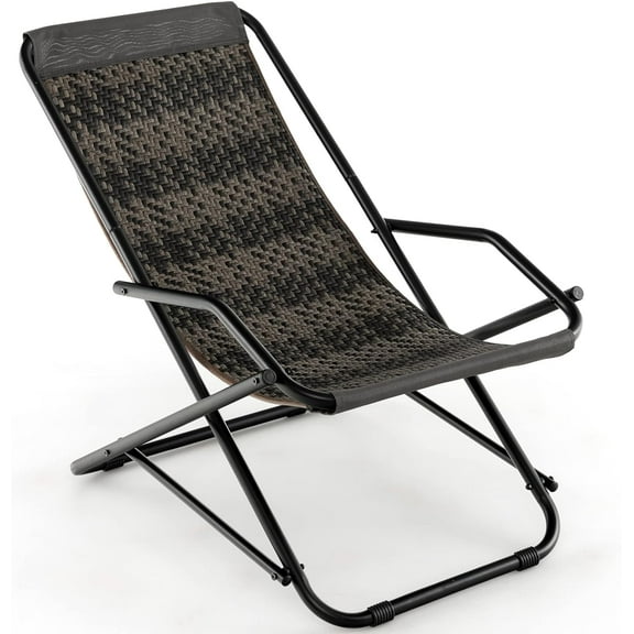 YYEAN Sling Chair Outdoor, Patio Deck Chair with Rattan Seat, Metal Frame, Armrests, Portable Folding Beach Chair for Porch, Poolside, Balcony
