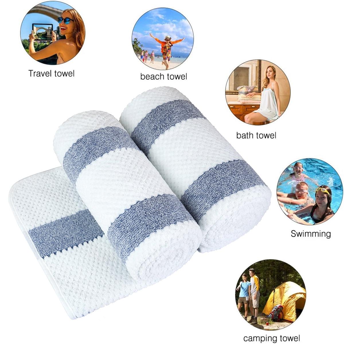 NC Fashion 2 Piece Microfiber Bath Towel Set, Blue, White, Multi-color