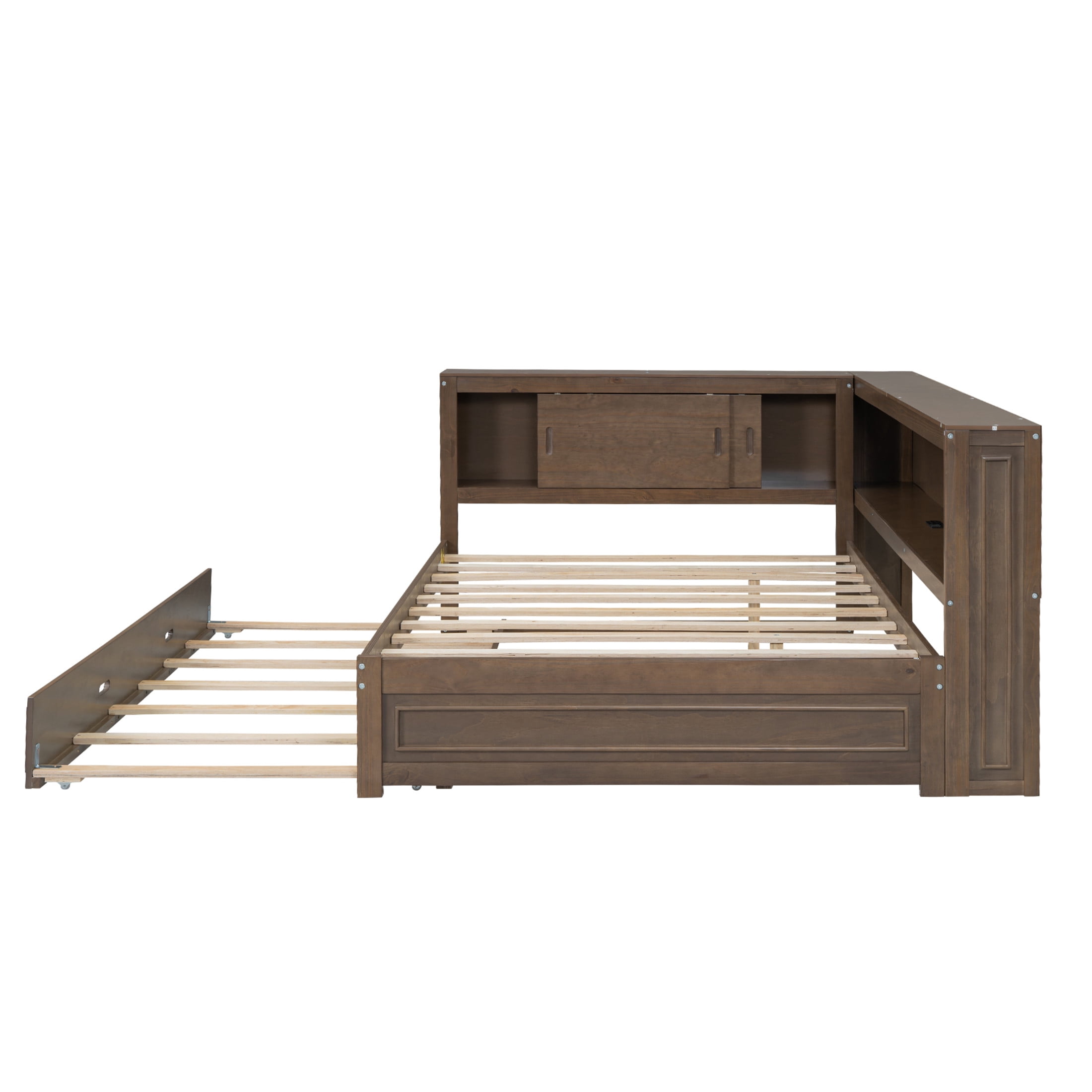 Noble House Sheila Full Wood Daybed with Trundle and LED Lighting, Storage Shelves, USB Charging Port, Antique Wood