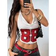 thumbnail image 4 of Women's Cowl Neck Halter Number Print Mesh Cropped Backless Tank Top White M, 4 of 10