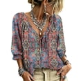 thumbnail image 2 of Women's 3/4 Length Sleeve Boho Tops Lace Up Blouse 3/4 Sleeve V Neck Peasant Top Abstract Geometric Print Beach Vacation Clothes, 2 of 5