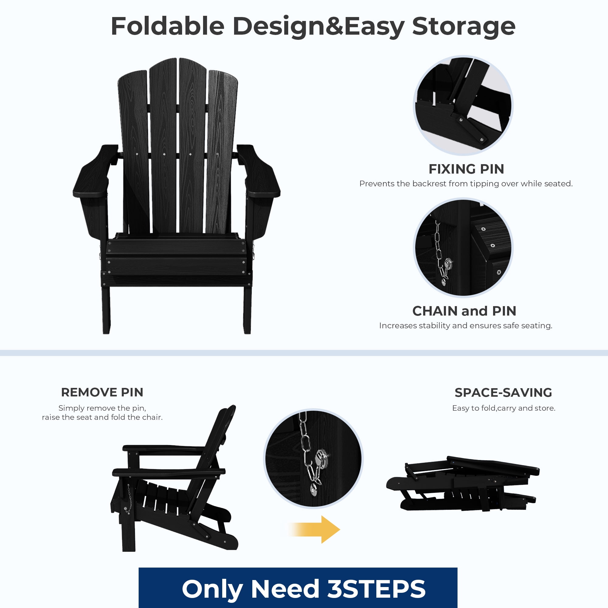 FUNDAZE HDPE Adirondack Chair, Foldable Weather-resistant Outdoor Chair for Patio, Poolside, Garden, Yard, Black