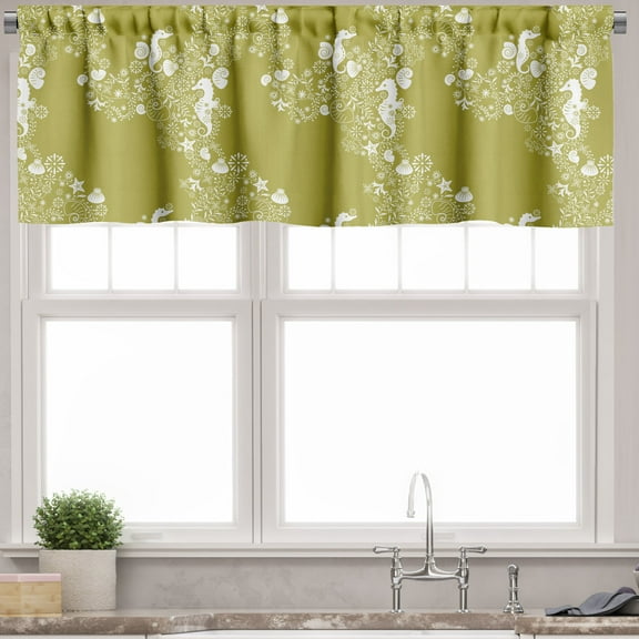 Ambesonne Sea Shells Valance Pack of 2, Swirls with Seahorse, 54"X18", Yellow Green White