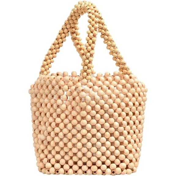 Handwoven Handbags for Women Wood Beads Hollow Mini Hobo Purses Summer Beach Totes Evening Bucket Bags for Party