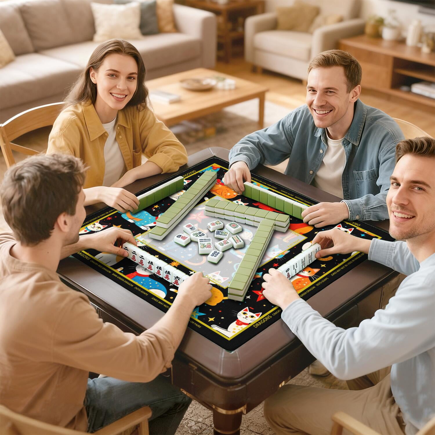 Cute Cat Mahjong Mat for Table, 31.5*31.5in Anti Slip American Mahjong Table Cloth, Noise Reduction, Neoprene Mah jongg Mat with Carrying Bag & 3 Dices, Mahjong Sets Gift, Board Tile Games Mats