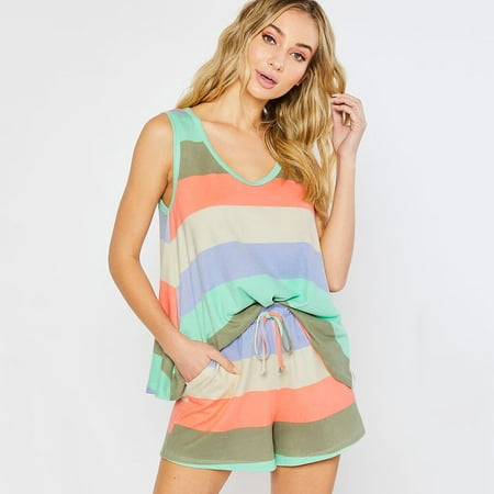 

KEVCHE Womens Rainbow Stripes Short Sleeve Pajama Set Night Lounge Top Short Sleepwear