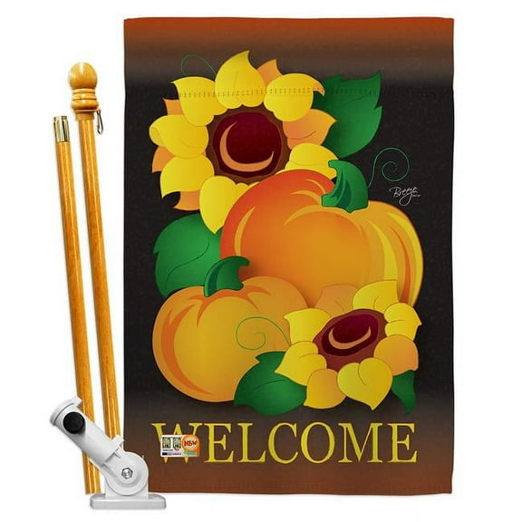 Breeze Decor BD-HA-HS-113029-IP-BO-D-US05-BD 28 x 40 in. Welcome Pumpkin Fall Harvest & Autumn Impressions Decorative Vertical Double Sided House Flag Set with Pole Bracket Hardware