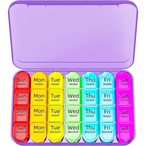 KRYVN Weekly Pill Organizer 4 Times a Day, 7 Day Pill Box with 28 Compartments, Large Travel Pill Case for Medicine, Vitamin, Supplement, Purple