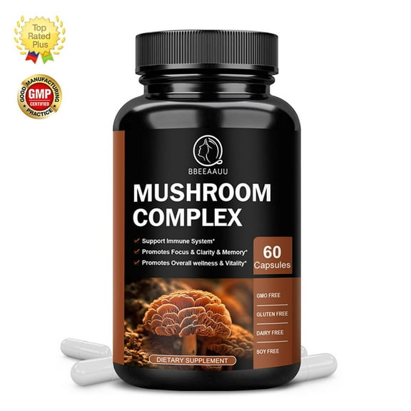 Mushroom Complex Capsules, 10 Mushrooms Blend Supplement Support Energy, Immune, Brain Memory & Focus, 60 Pills