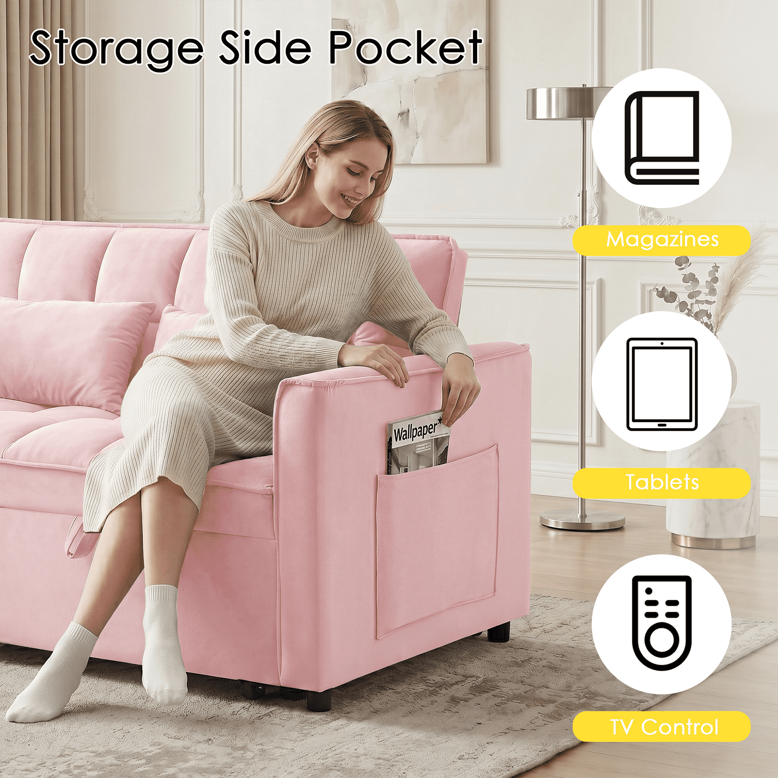 Amuille 3 in 1 Convertible Sleeper Sofa Bed, 54" Velvet Fabric Loveseat, Pull Out Couch for Living Room and Apartment (Pink)