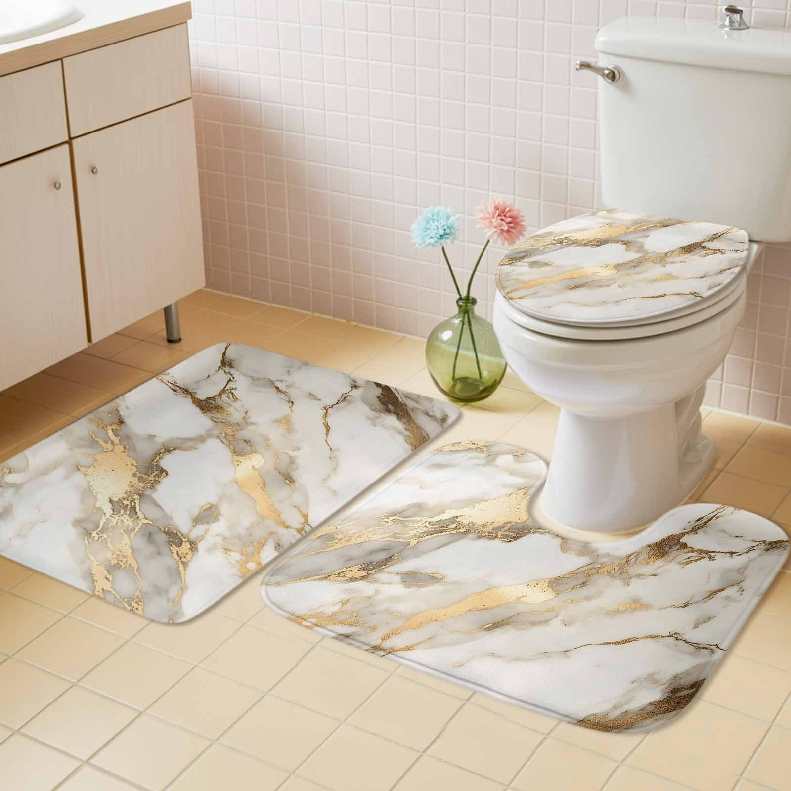 Marble Gold Bath Mat 3 Piece Bathroom Rug Set, Abstract Luxury Wave Gold Marbling Modern Non Slip Bath Rug Contour Mat and Toilet Lid Cover, Absorbent Shower Mats Soft Bath Rugs and Mats Sets