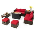thumbnail image 1 of Patiojoy Ensemble de 9 Pcs de Meubles de Patio Extérieur avec Table de Foyer au Propane de 42 Pouces Ensemble de Canapé Sectionnel en Osier PE d'Extérieur Peu Encombrant Rouge, 1 of 10