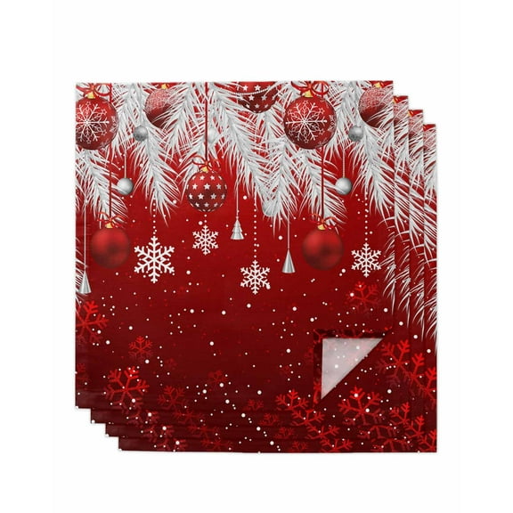 Red Christmas Cloth Napkins Washable Set of 4, Xmas Balls Snowflake Silver Pine Needles Reusable Dinner Table Napkins Cloth Bulk for Weddings Kitchen Restaurants Hotel Events Parties 20 x 20 Inch