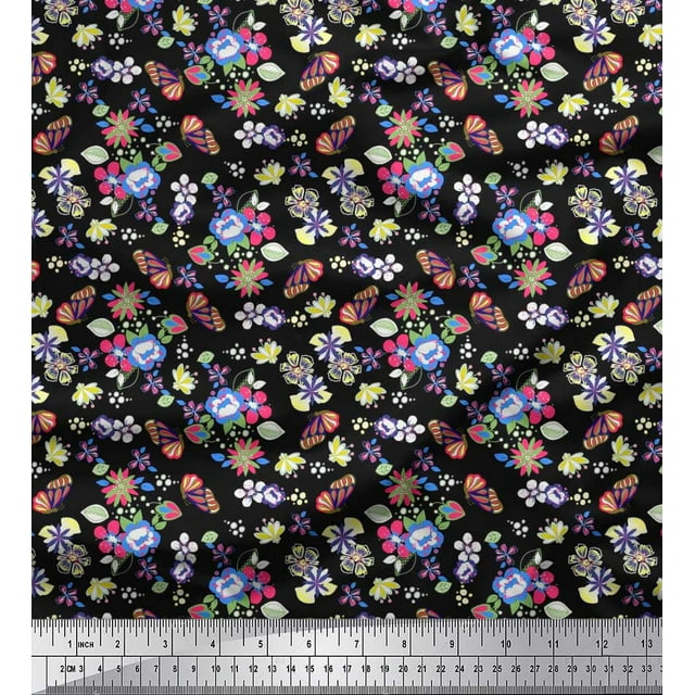 Soimoi Black Velvet Fabric Leaves,Insect & Floral Artistic Print Fabric by Yard 58 Inch Wide
