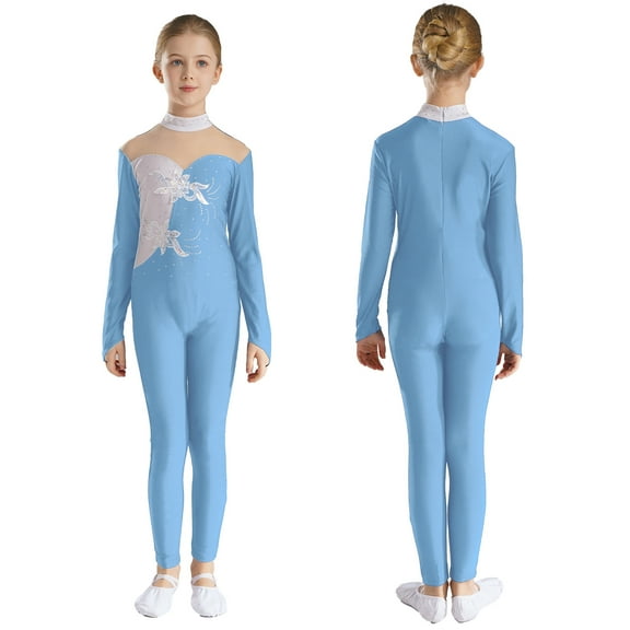 iiniim Kids Girls Long Sleeve Mesh Splice Unitard Jumpsuit Dancing Skating Gymnastics Bodysuit Blue 8