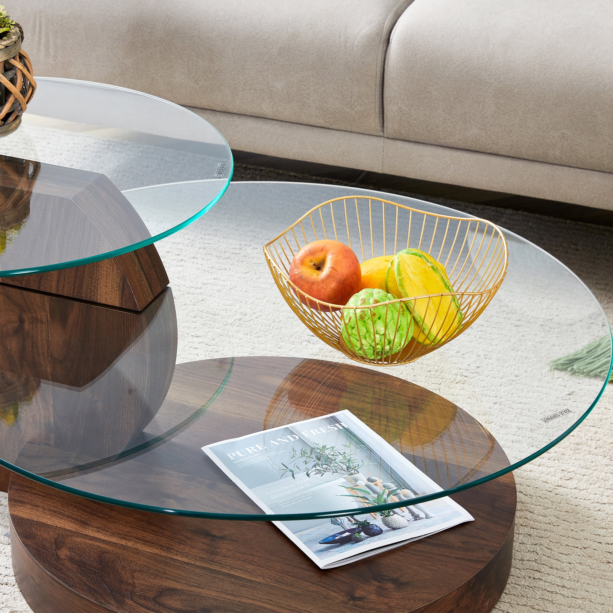 Vanress 42" Glass Coffee Table, Round Coffee Table, Modern Double Layer Round Glass Coffee Table for Living Room, Walnut