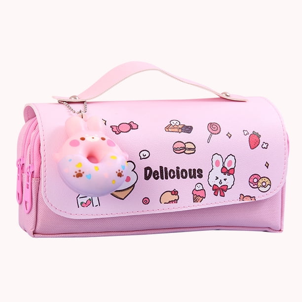 Estuche para lápices Kawaii, estuche grande para bolígrafos de papelería escolar coreana (rosa donut)