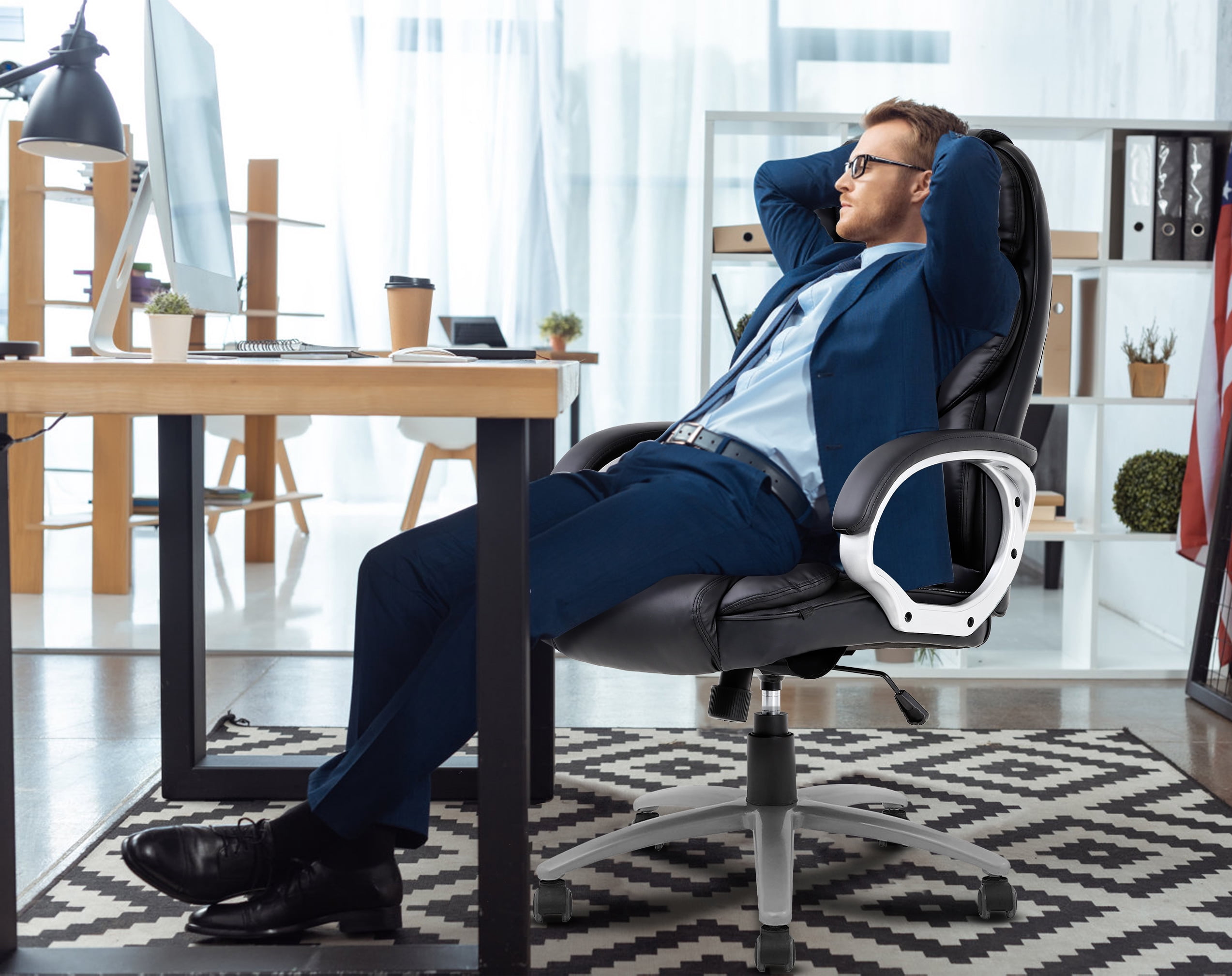 CL.HPAHKL Ergonomic Adjustable PU Leather High Back Home Office Desk Chair, Black Set of 1