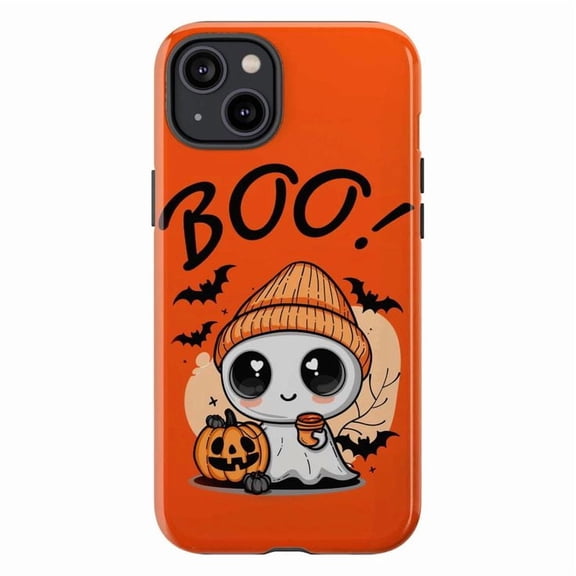 Cute Halloween Ghost Phone Case, Orange Autumn Pumpkin Latte Spooky Boo Design, Protective Cover for iPhone 16 15 14 13 12 11 Pro Max Mini Plus