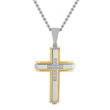 Mens 1/5 Ctw Lab-Grown Diamond Two-Tone Stainless Steel Cross Pendant Necklace - Brilliance Fine Jewelry