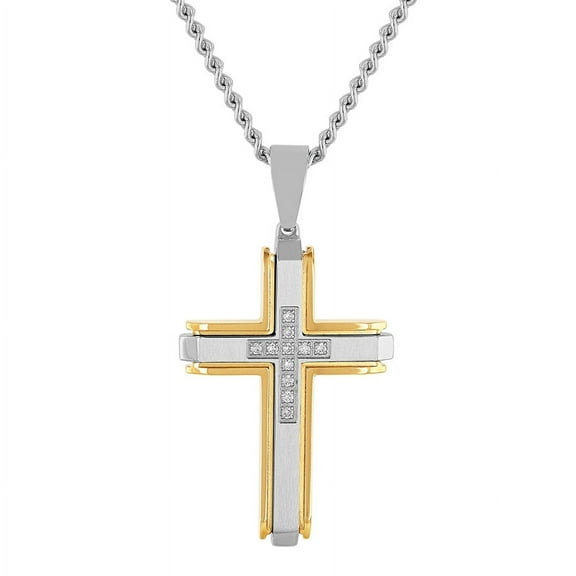 Mens 1/5 Ctw Lab-Grown Diamond Two-Tone Stainless Steel Cross Pendant Necklace - Brilliance Fine Jewelry