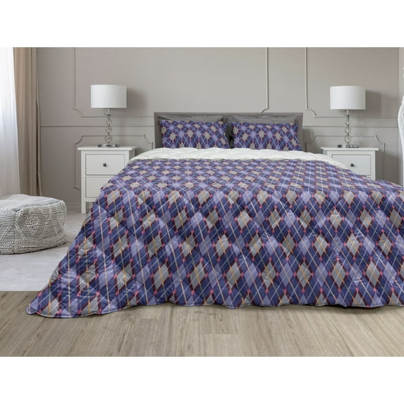 Plaid Comforter & Sham Bedding Set, Rhombic Traditional Tartan with Scottish Cultural Origins Retro Folkloric Revival, 3 pcs Duvet Set Microfiber Filling Quilt, 5 Sizes, Multicolor, by Ambesonne