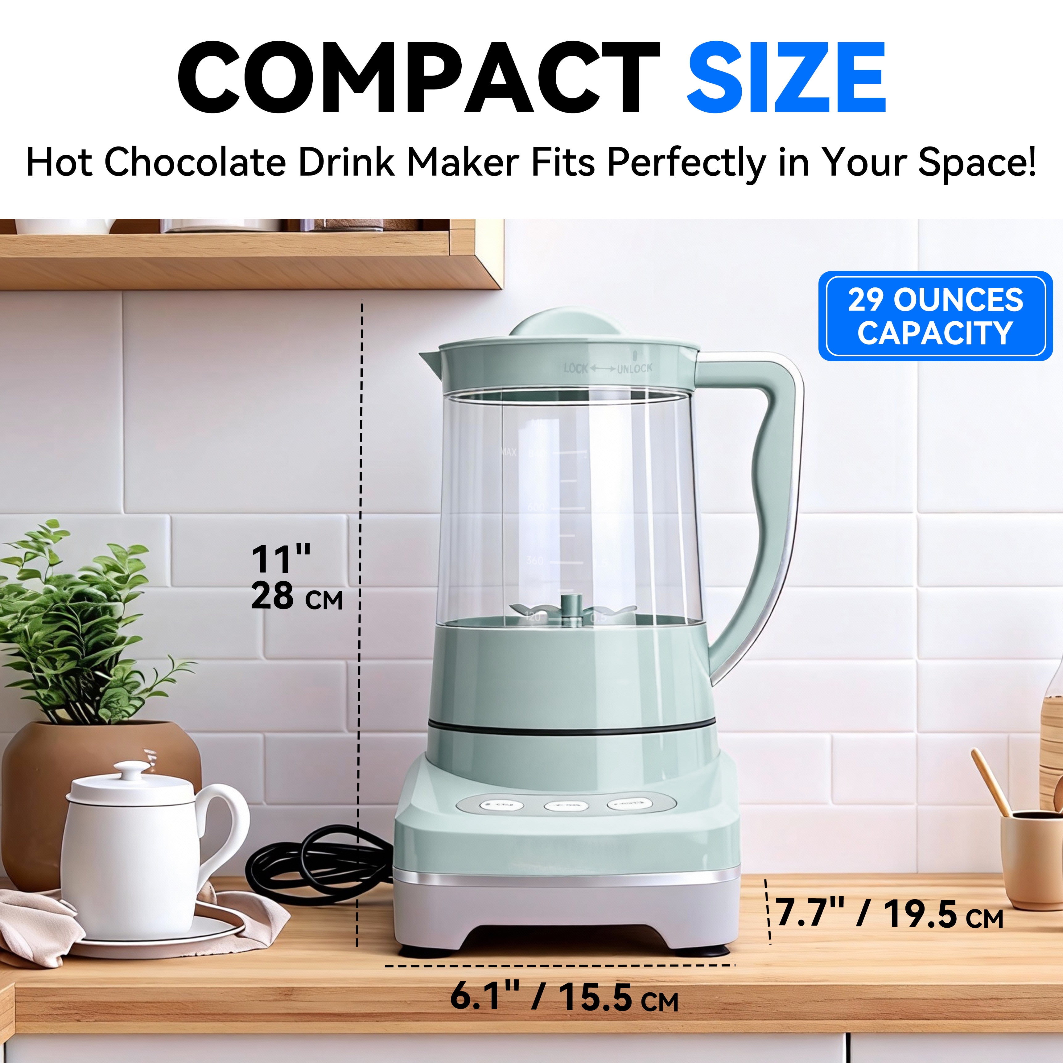 Mailand Hot Chocolate Maker, Milk Warmer for Coffee & Drink, 3-in-1 Warm Chocolate Machine, 3.5 Cups, 29 Oz, Aqua