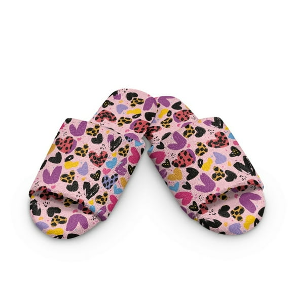 Jiueut Colorful Heart Leopard Print Women's Slippers, Non Slip Bedroom Open Toe Shoes for Women Breathable Cozy House Slippers Indoor Outdoor