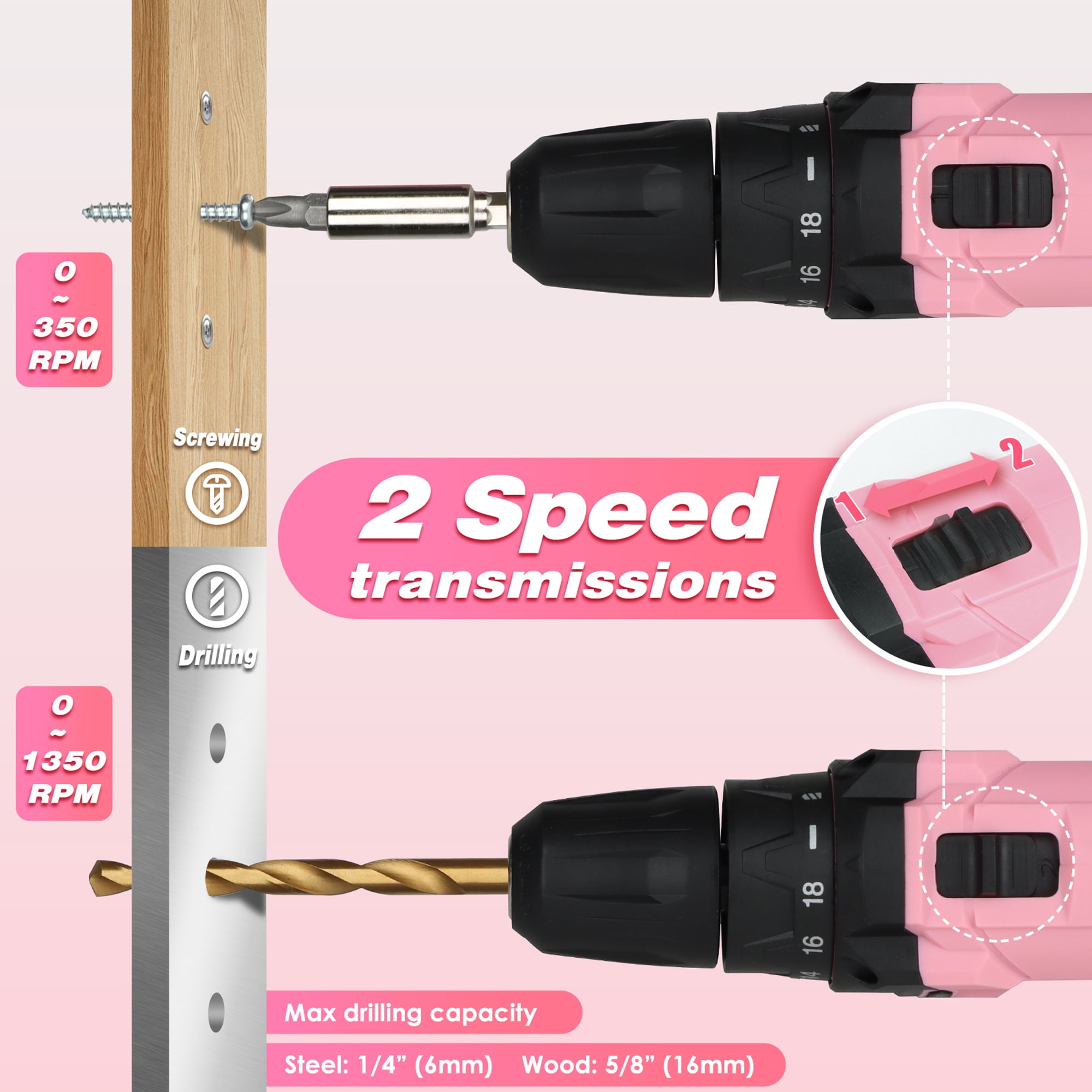SHALL 12V Cordless Drill Set Combo Kit, 43-Piece Power Drill Cordless, Electric Drill with 32 Screwdriver Bit Set, Tool Kit with Drill 3/8 Driver, Pink Drill Set for Women