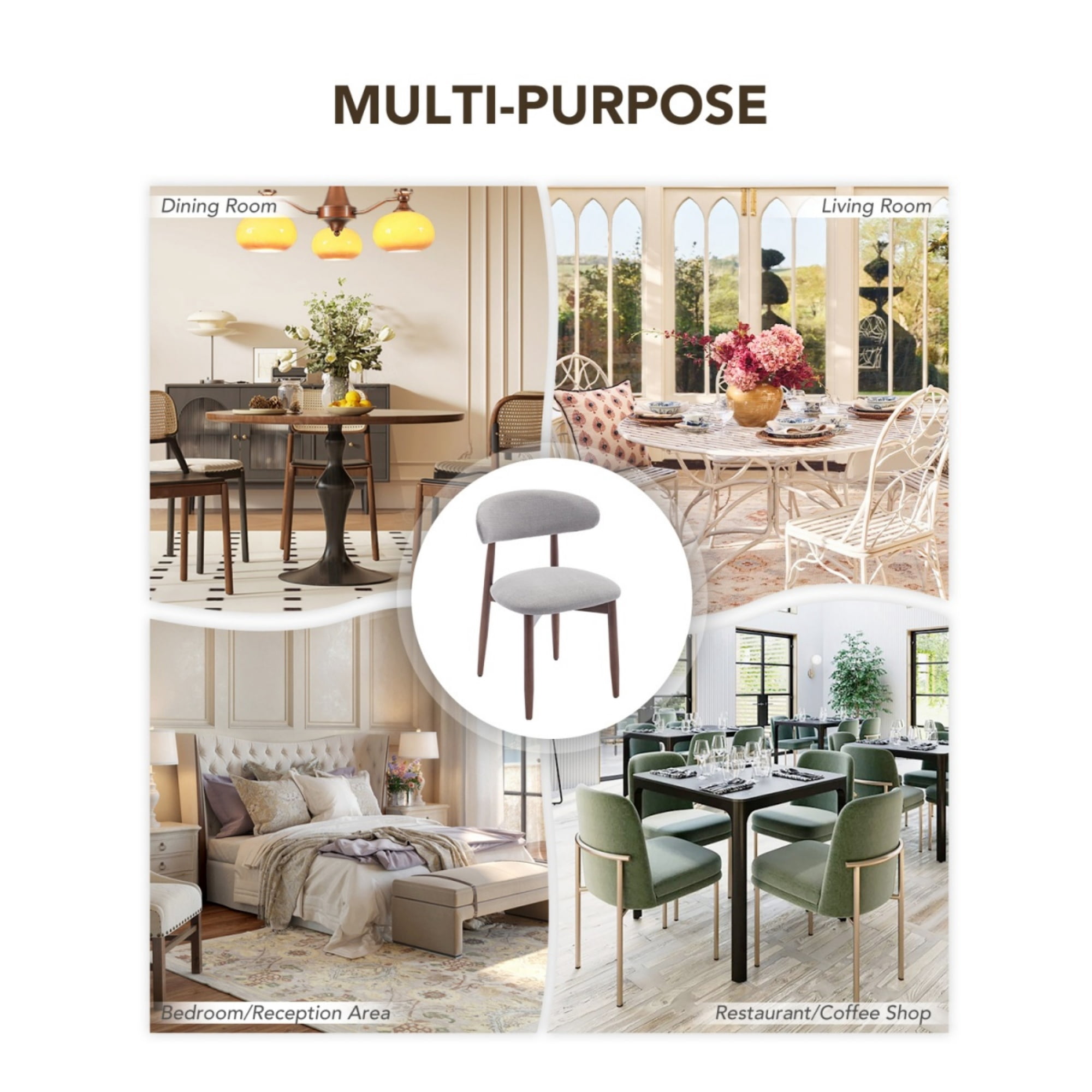 EOP Wooden Dining Chairs Set of 6, Farmhouse Kitchen Side Chairs with Foot Pegs, Mid-Century Modern Fabric Upholstered Dining Room Chairs for Kitchen, Dining Room, Light Gray