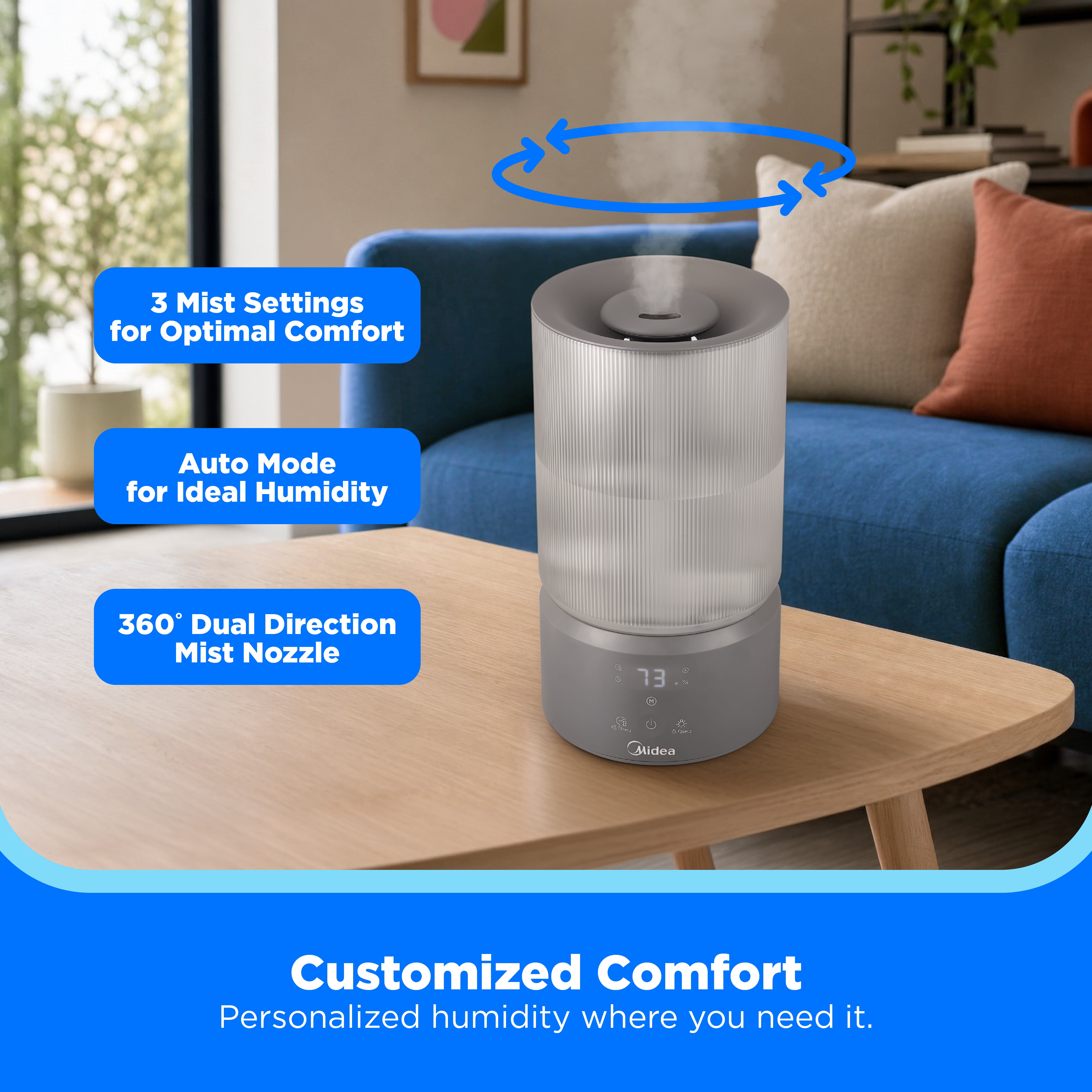 Midea 1 Gallon Gray Ultra-Sonic Cool Mist Humidifier with Aroma Tray and 360° Mist Nozzle, MSU16UC1DG