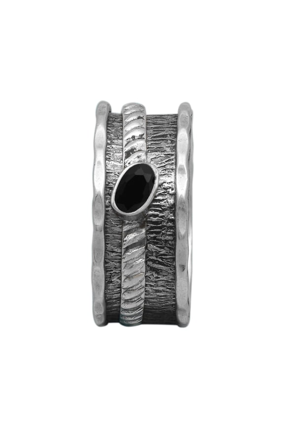 Spinner Ring 5X3MM Oval Black Spinel Fidget Hammered 925 Silver Men Women Band