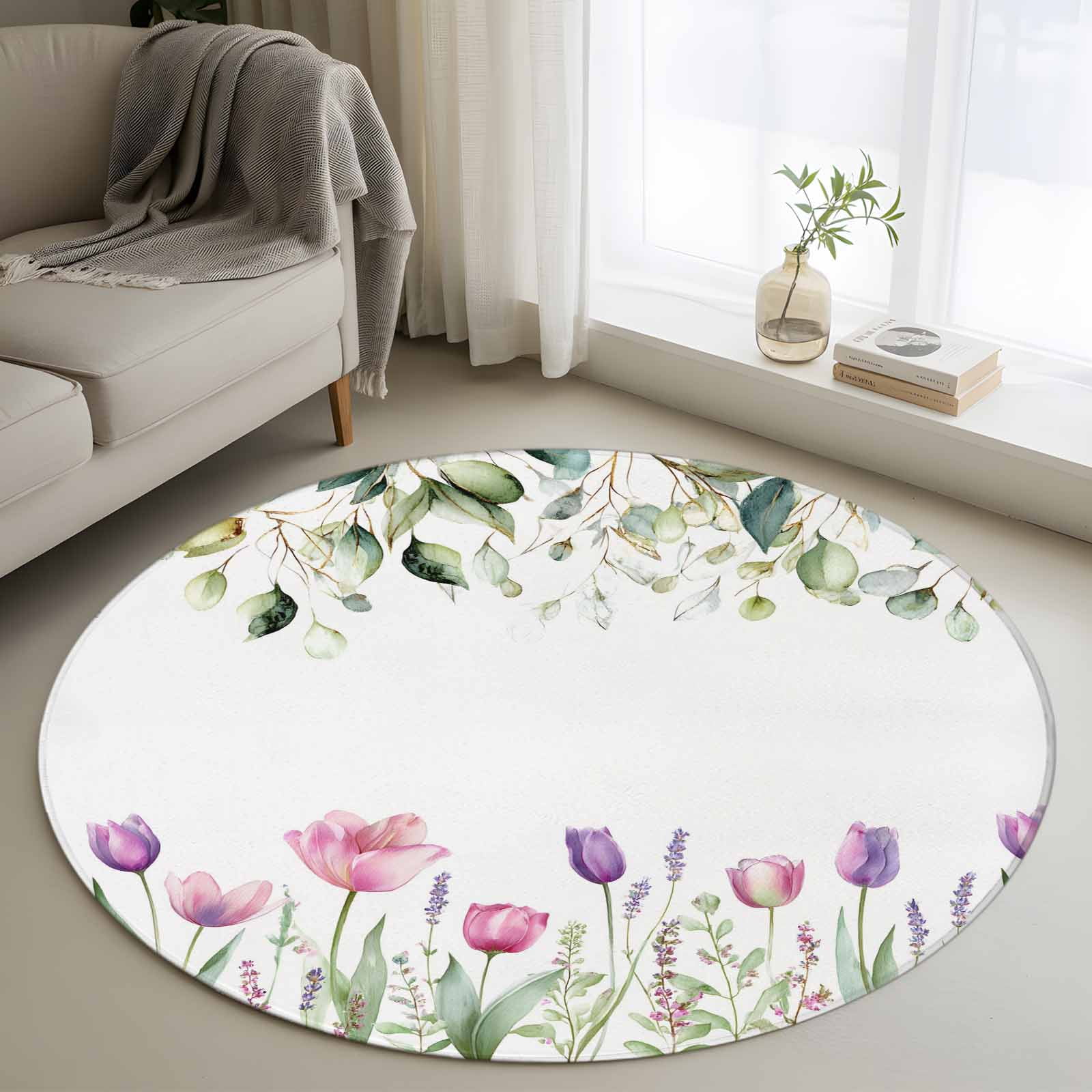 Round Area Rug 4ft Country Flower Tulip Watercolor Non-Shedding Washable Area Rug Green Leaves on White Non Slip Low-Profile Circle Rugs for Living Room Bedroom Dining Room