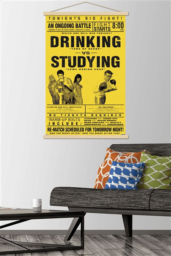 Drinking Versus Studying Wall Poster with Wooden Magnetic Frame, 22.375" x 34"