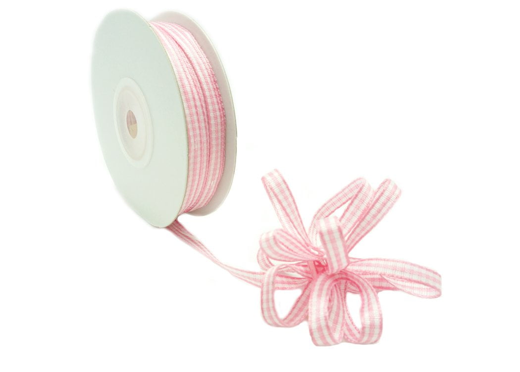 1/4" X 25Yard Gingham Pull Bow String Ribbon Pink Baby Shower Favor