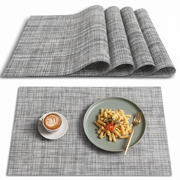 4 Pack Gray Heat Resistant PVC Placemats, Non-Slip Washable Vinyl Dining Table Mats for Kitchen and Dining