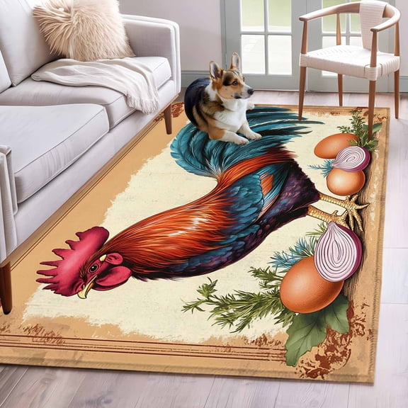 Retro Rooster Area Rug 4x6 Washable Rug Non Slip Farmhouse Vintage Summer Botanical Large Area Rug Indoor Floor Carpet for Entryway Bedroom Kitchen Living Room Home Office Dining Room Nursery