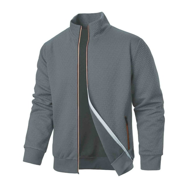 Men's Spring Fall Winter Jacquard Fleece Full Zip Jacket - Lightweight Collared Windbreaker with Textured Fabric & Pockets (Casual/Outdoor)