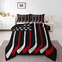 Feelyou Ice Hockey Lover Full Size Comforter Sets for Boys, Sports Player Bedding Comforter Set, Vintage American Flag Reversible Bedding Sets, Lightweight Room Decor, 3-Piece