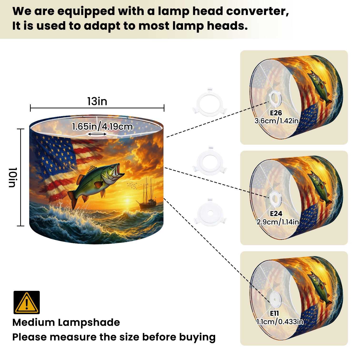 Linen Drum Lamp Shades Bass Fish Leaping Waves American Flag Sunset Independence Day 13" x 13" x 10" Lampshade for Table Lamps Floor Lamps Lamp Shade Replacement Easy Assembly Required