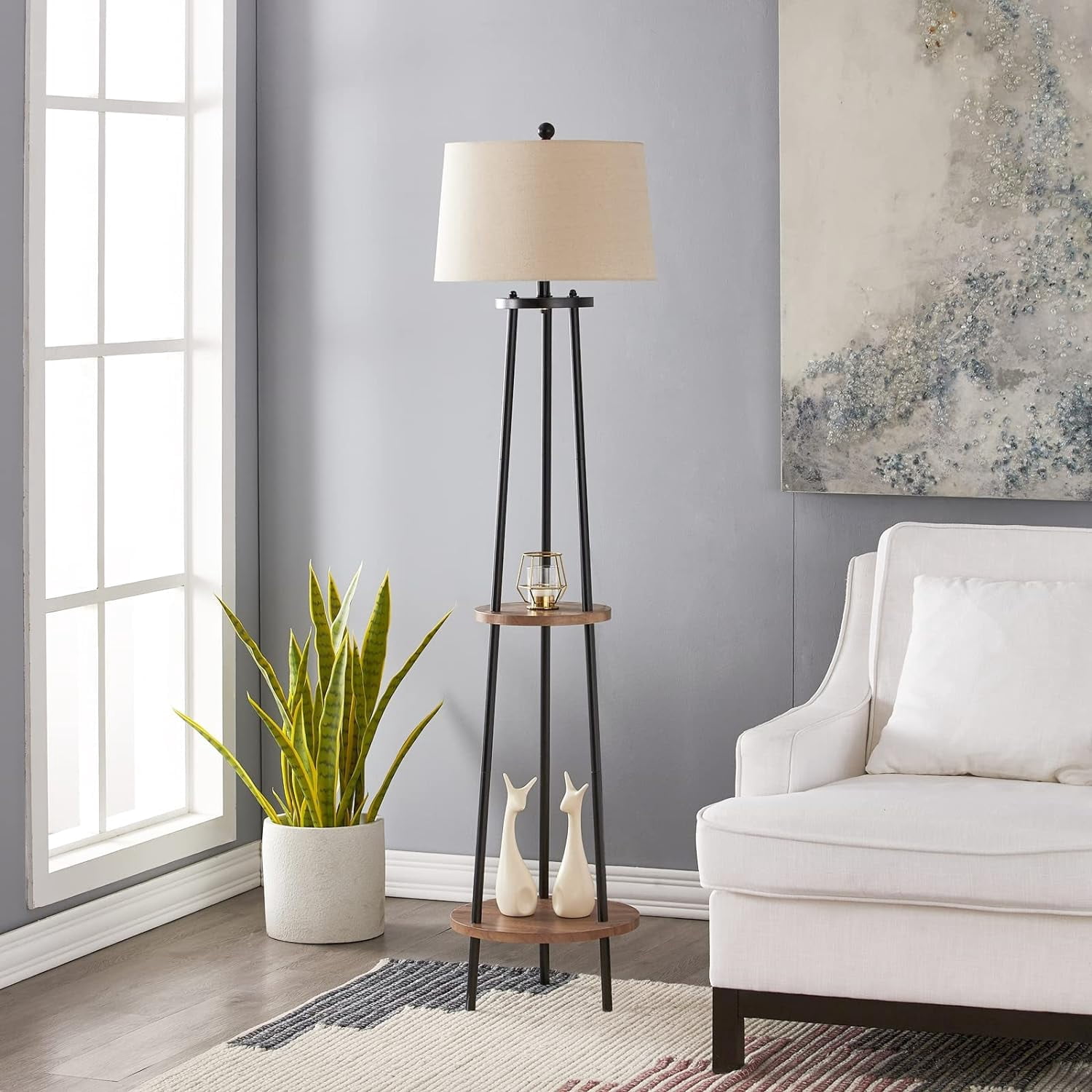Maxax 65" Tripod Floor Lamp with Shelf, 3-Way Dimmable Standing Lamp with Oatmeal Fabric Shade for Living Room, Bedroom, Office