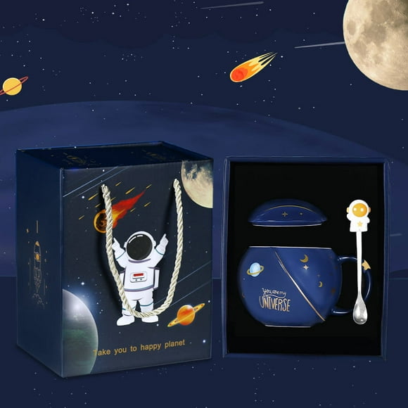 nipocaio Cute Astronaut Mugs with Lid, Novelty Ceramic Coffee Mug, Morning Ember Mushroom Milk, Navy Blue Tea Cup 400ml/15oz